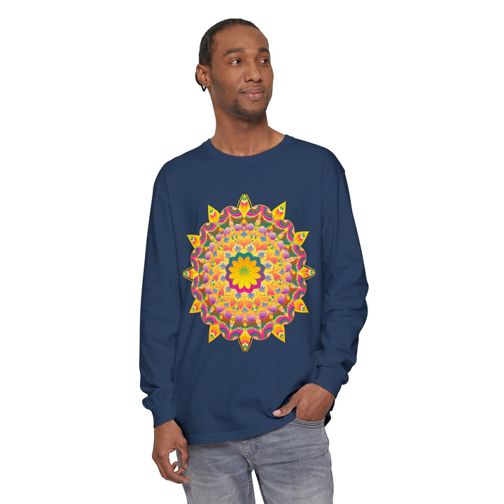 A vibrant and colorful long sleeve t-shirt featuring a psychedelic mandala design