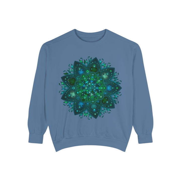 Teal and blue mandala sweatshirt featuring an intricate and detailed design