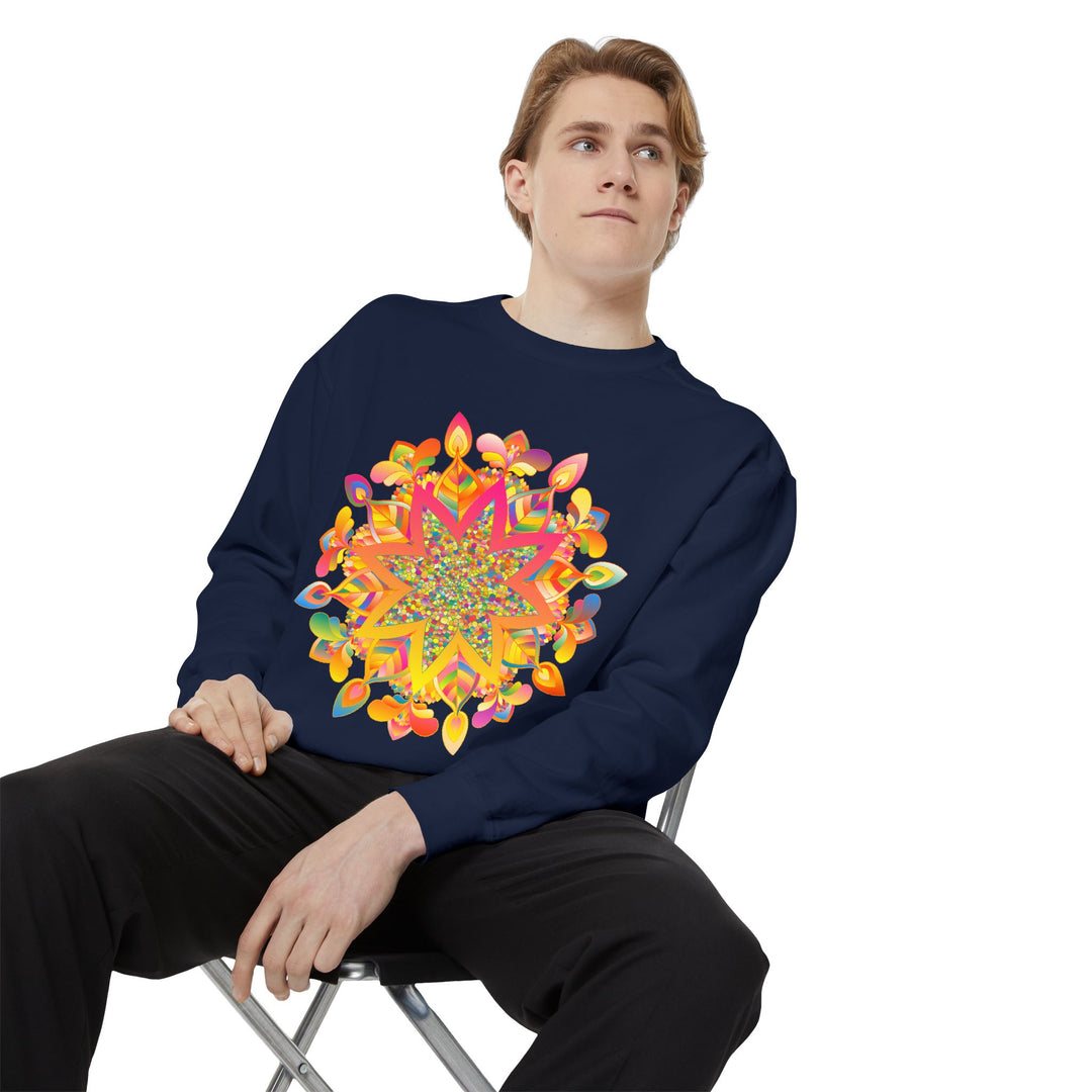 Colorful mandala sweatshirt with intricate design, perfect for casual and yoga wear