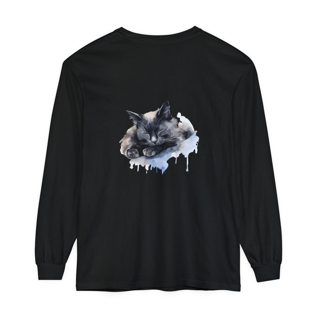 A colorful watercolor illustration of a cute sleeping cat on a comfortable t-shirt