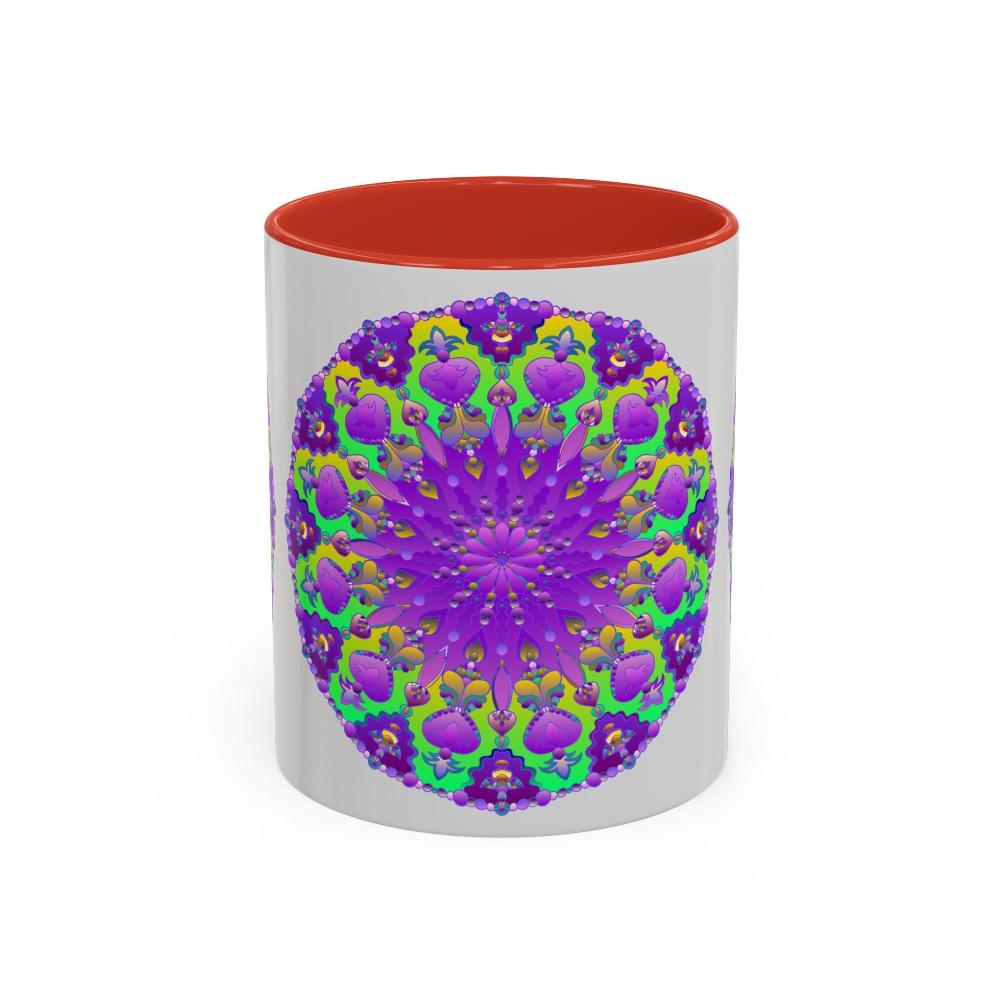 Beautiful purple mandala design on a grey mug, perfect for adding a pop of vibrant art to your morning coffee routine