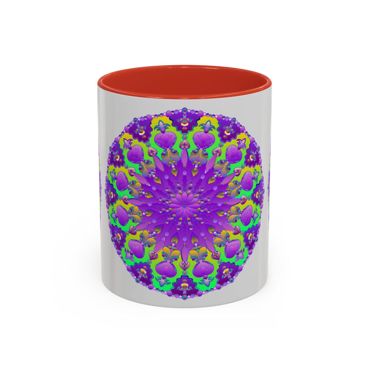 Beautiful purple mandala design on a grey mug, perfect for adding a pop of vibrant art to your morning coffee routine