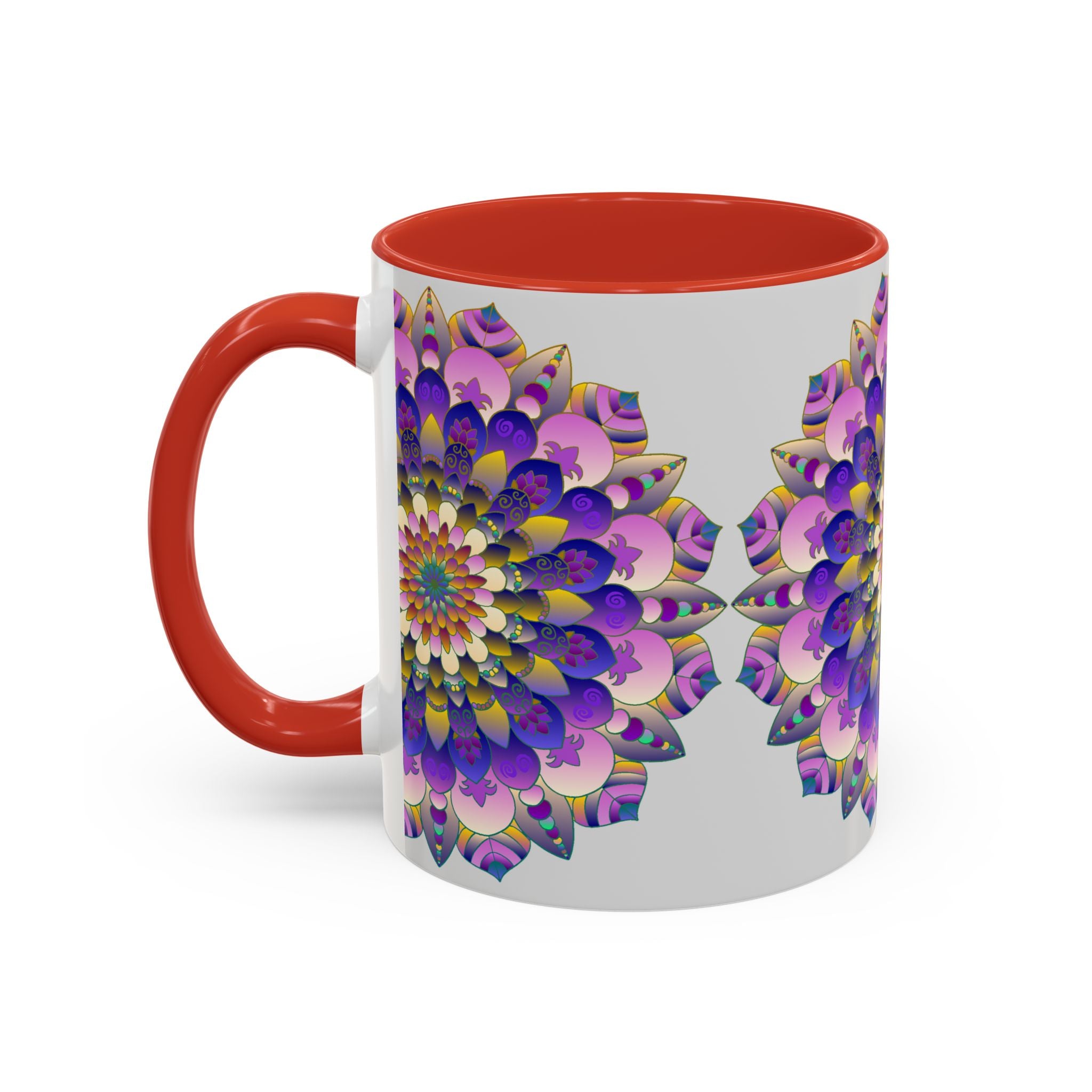 Handcrafted mandala art mug with vibrant colors on a grey background