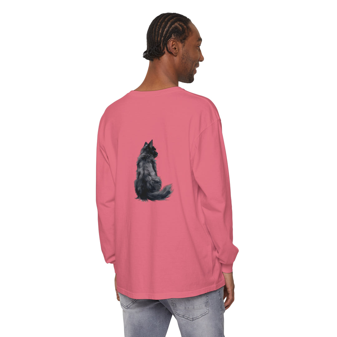 A black cat silhouette against a full moon on a unisex long sleeve t-shirt