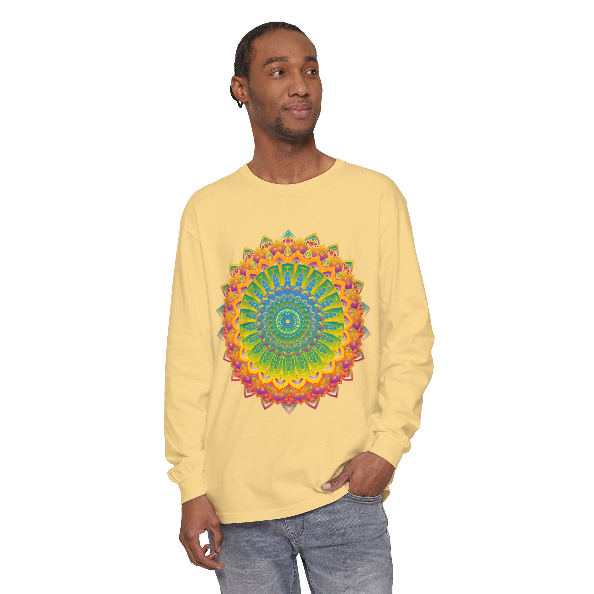 Intricate Mandala Unisex Long Sleeve T-Shirt featuring a beautiful, detailed mandala design in various colors