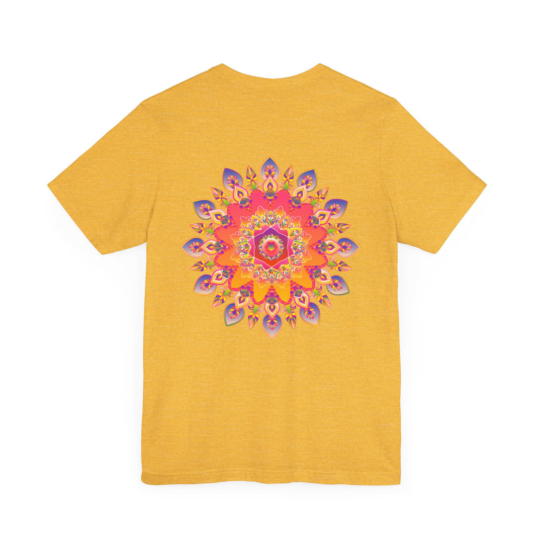 Colorful and intricate mandala design on t-shirt promoting spiritual peace and harmony