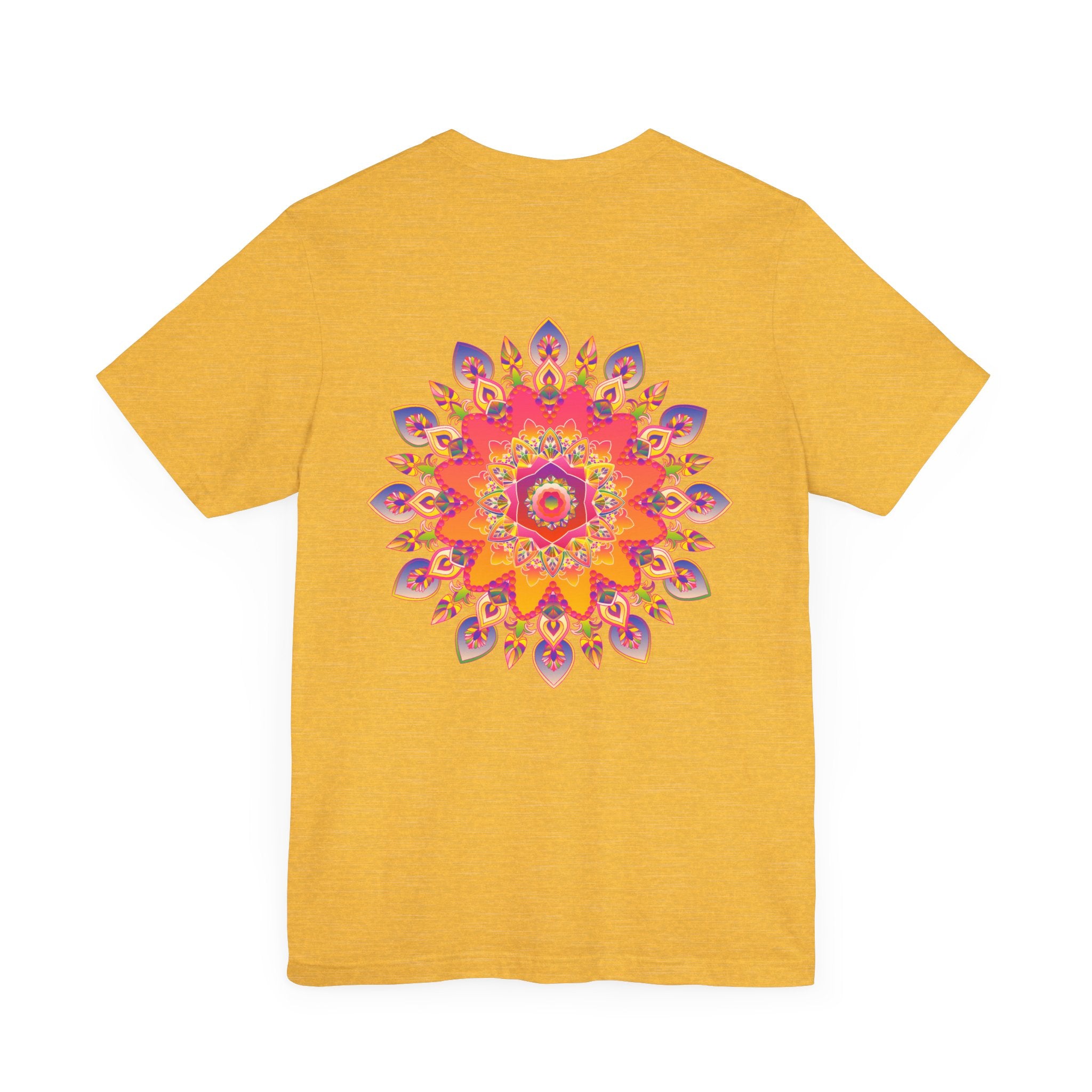 Colorful and intricate mandala design on t-shirt promoting spiritual peace and harmony
