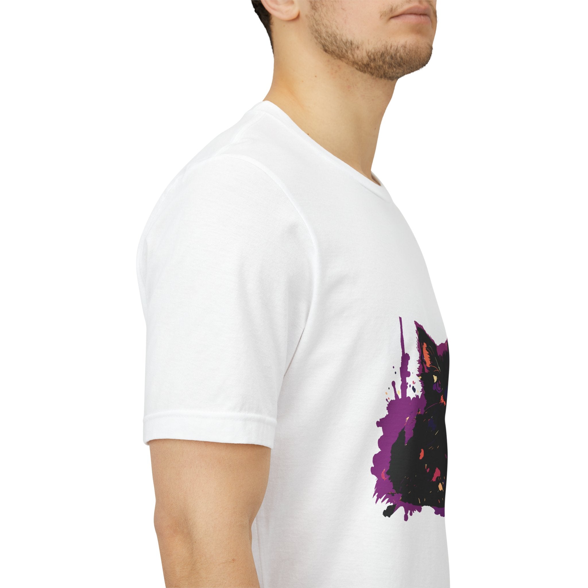Schwarzes Katzenrätsel – Lila Farbspritzer-T-Shirt