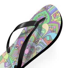 Comfortable and stylish flip flops featuring intricate hand-drawn mandala art