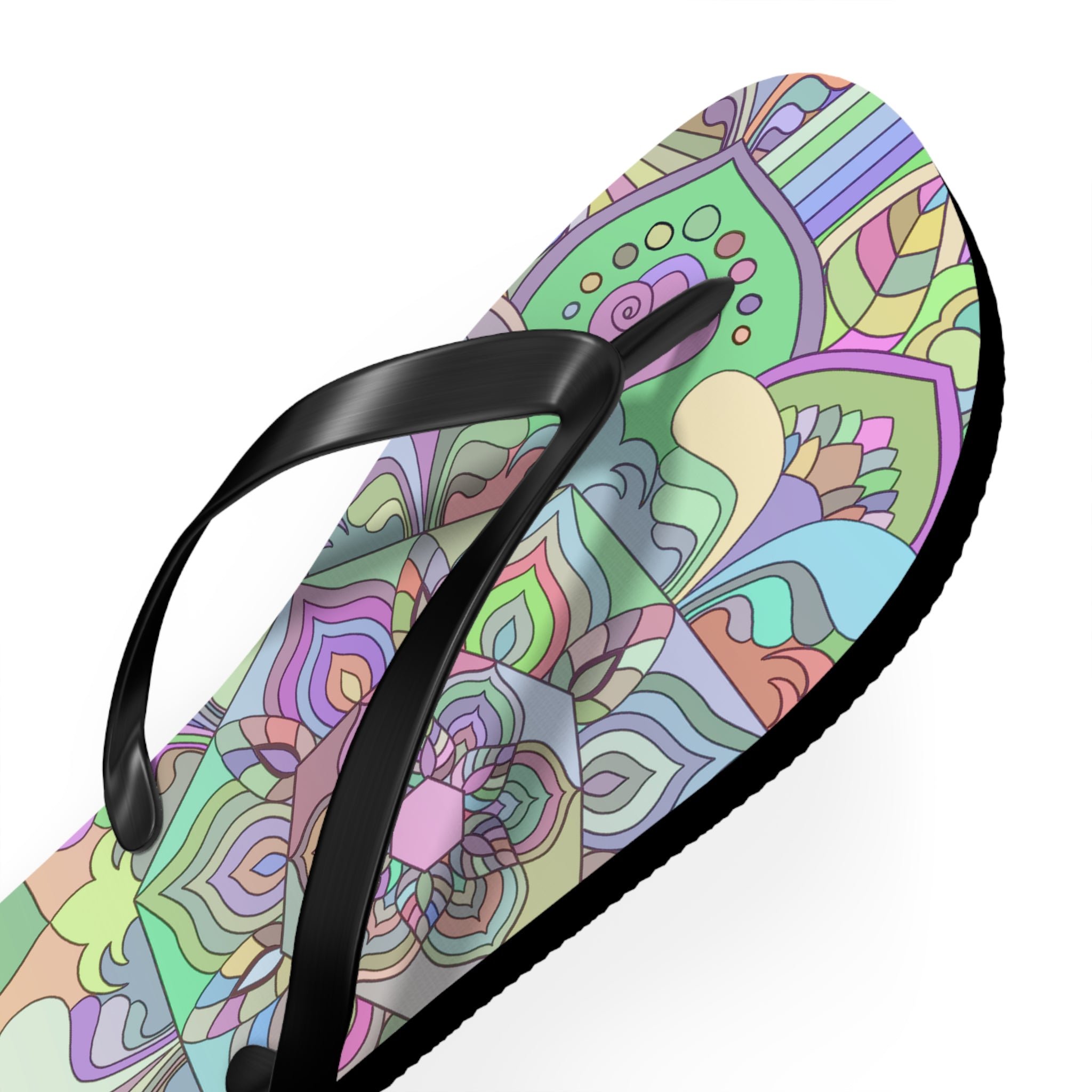 Comfortable and stylish flip flops featuring intricate hand-drawn mandala art