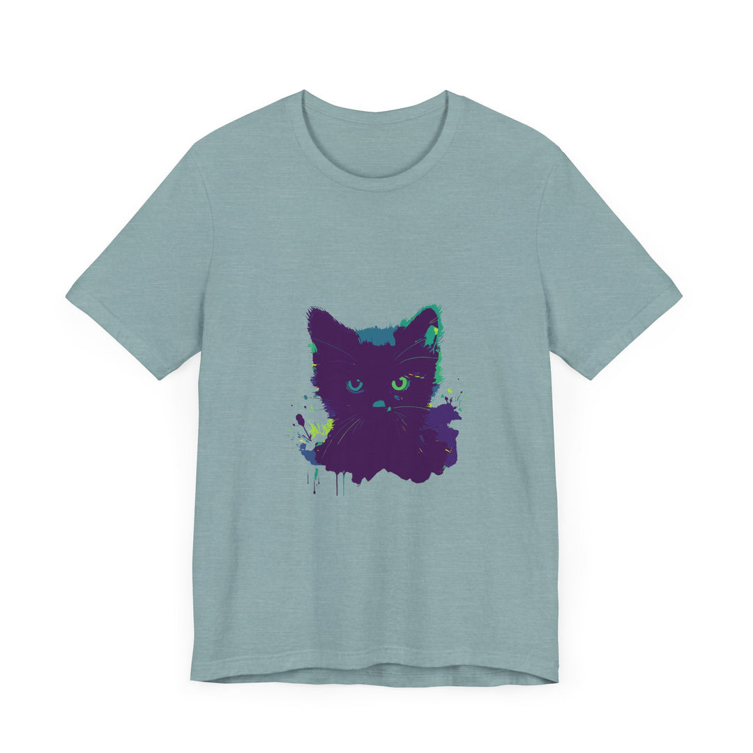 Close-up of a comfortable and stylish black cat mystery watercolor t-shirt