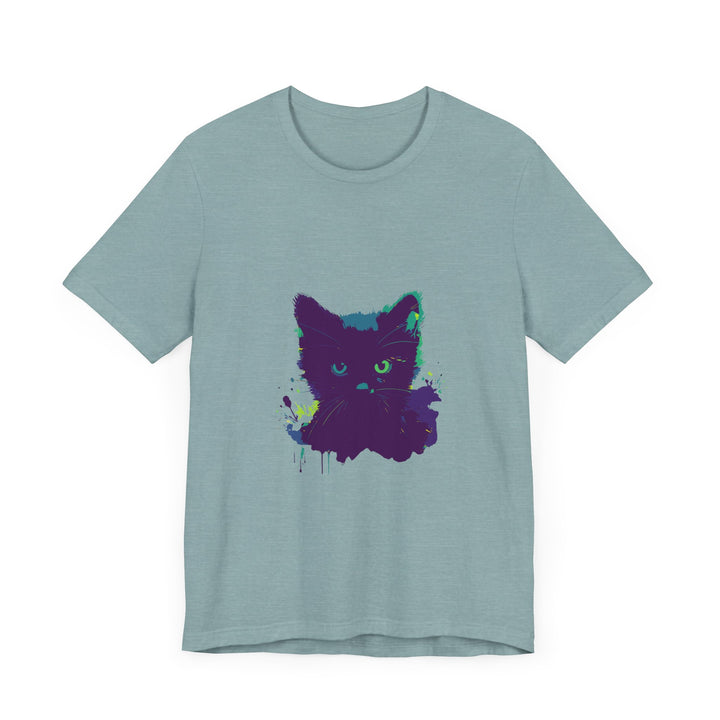 Close-up of a comfortable and stylish black cat mystery watercolor t-shirt