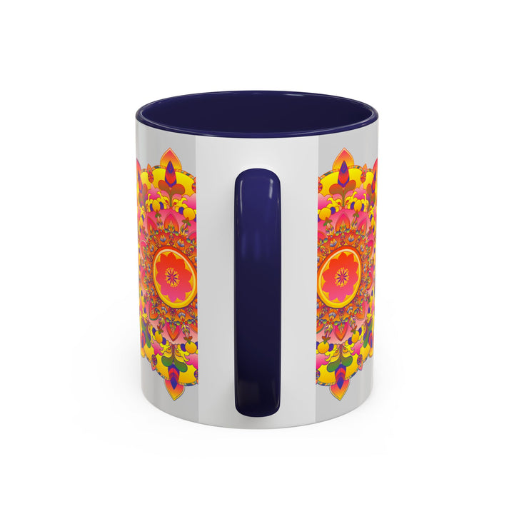 A vibrant and detailed mandala art mug with colorful patterns