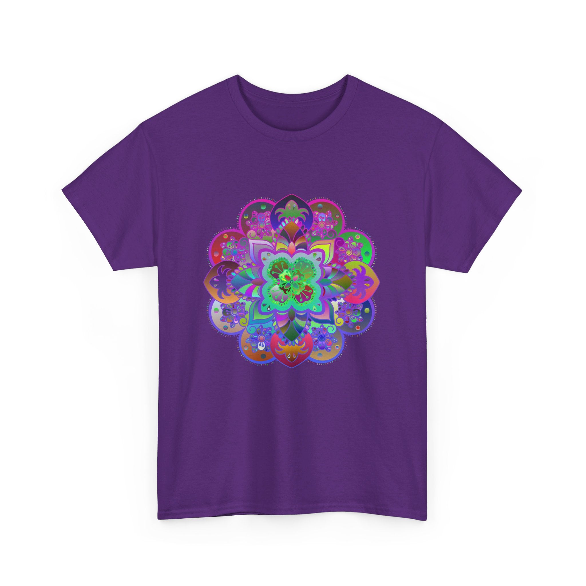 Colorful mandala art design printed on a comfortable unisex heavy cotton tee for yoga and mindfulness enthusiasts