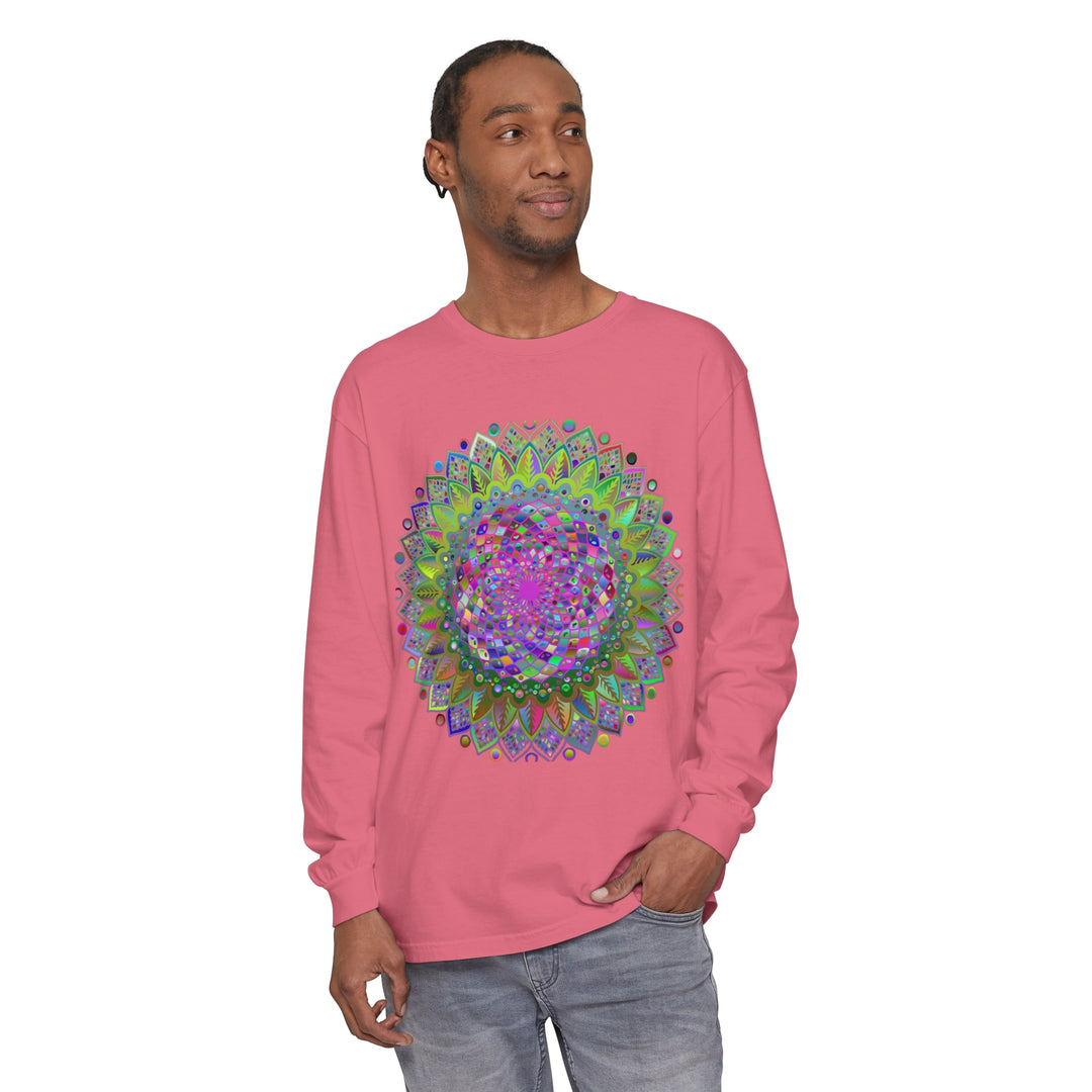 Colorful and intricate mandala design featured on a long sleeve unisex T-shirt