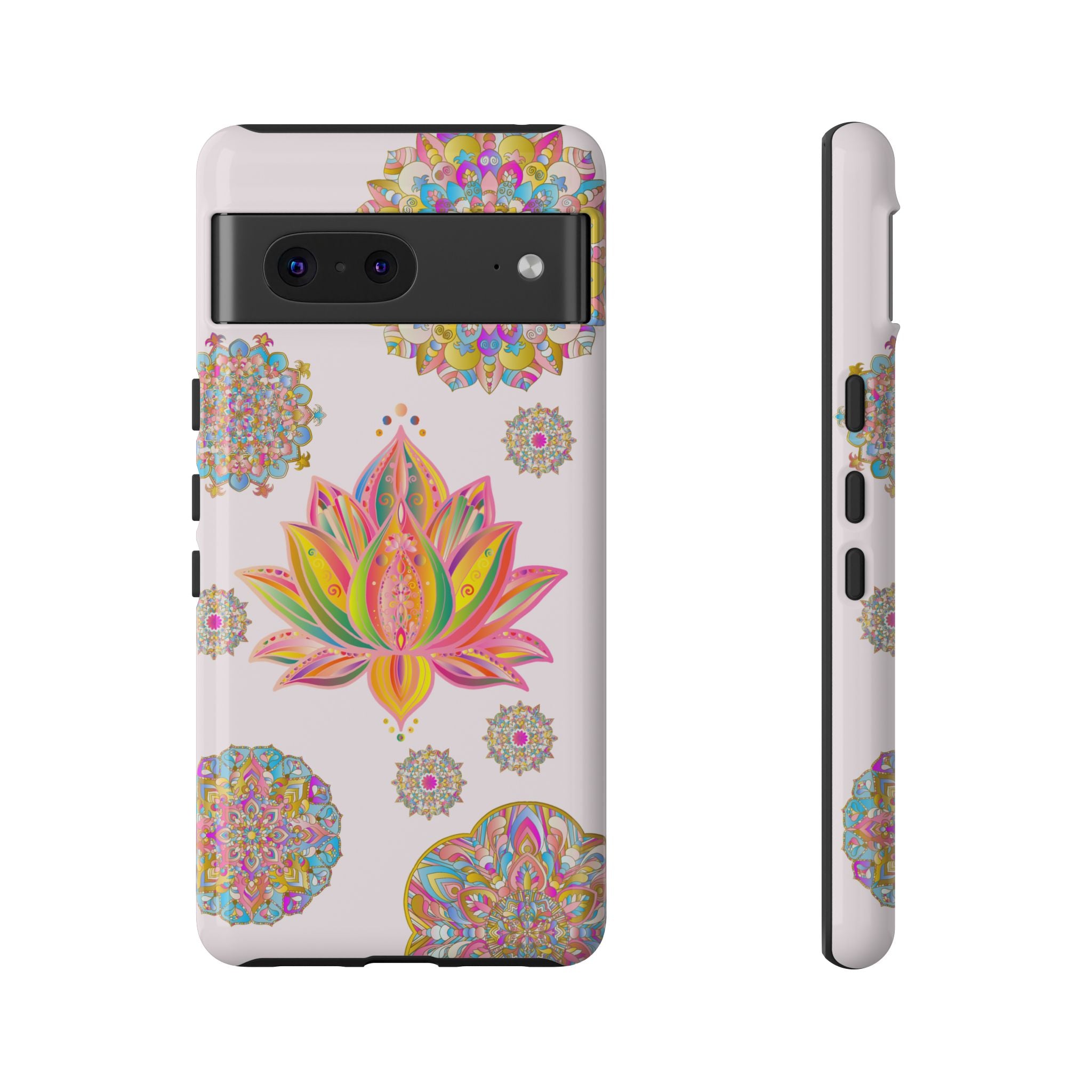 A close-up image of a light pink phone case with a lotus flower mandala design