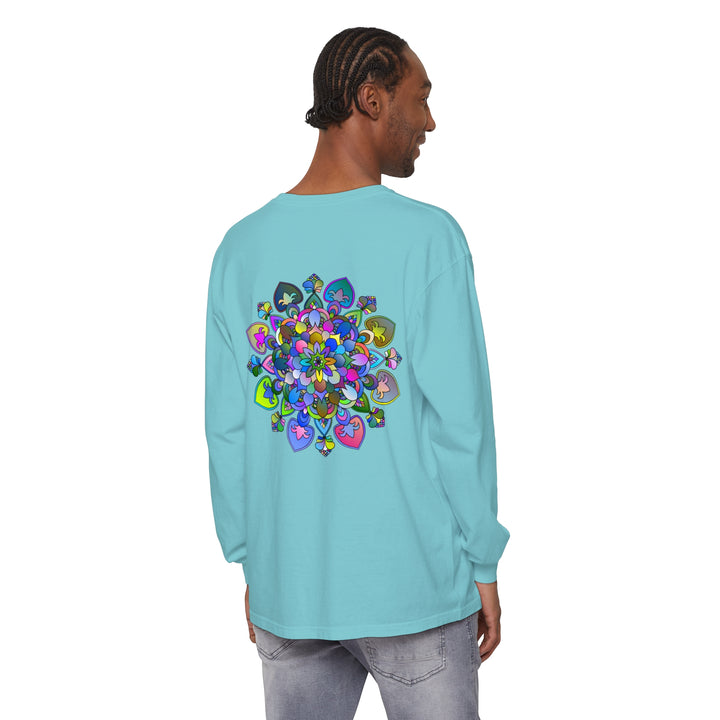 Colorful and intricate mandala design featured on long sleeve t-shirt