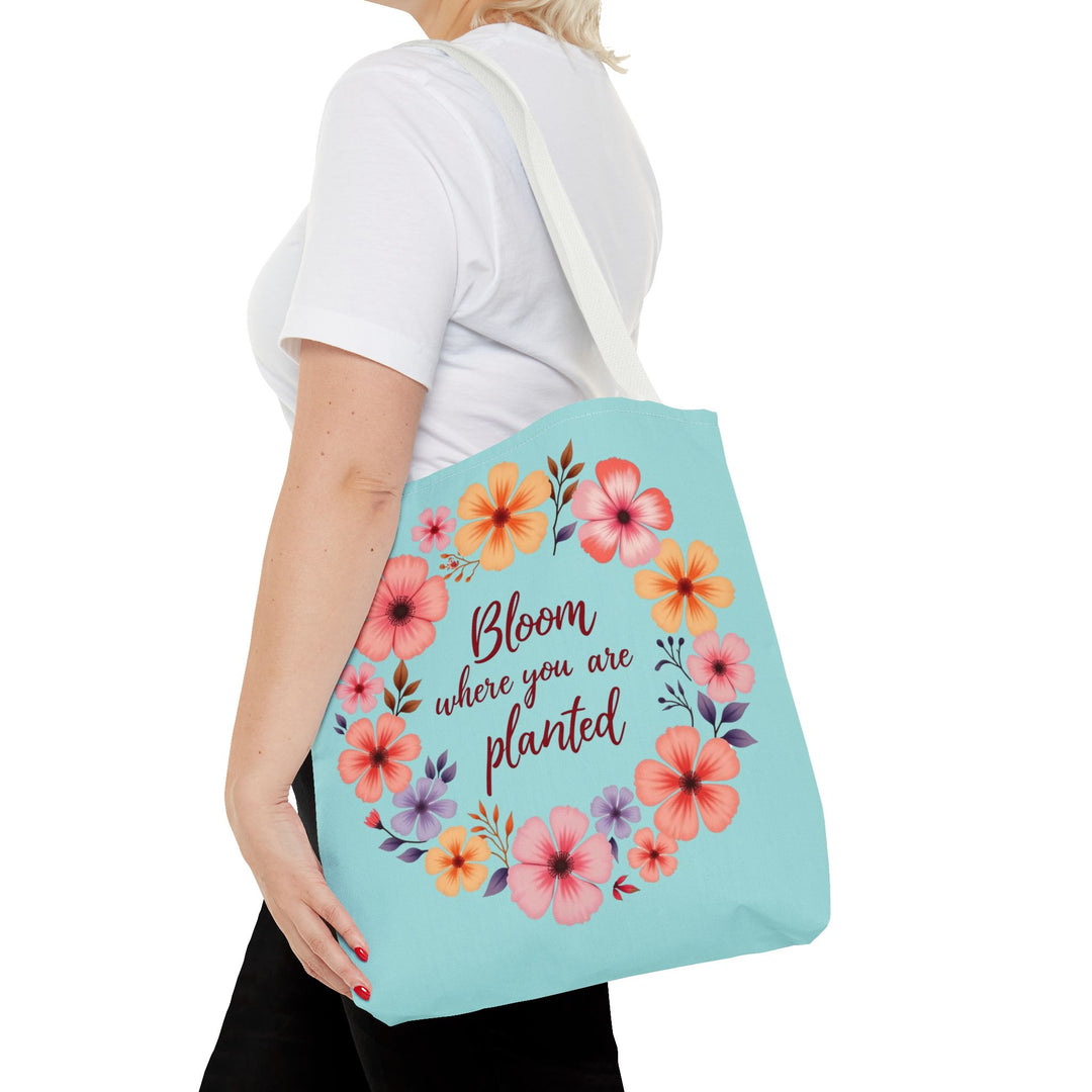 Three sizes of floral tote bags with the phrase 'Bloom Where You Are Planted' in beautiful script, perfect for carrying all your essentials in style