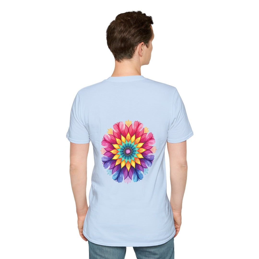 White t-shirt featuring a vibrant floral mandala design with a motivational quote