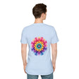 White t-shirt featuring a vibrant floral mandala design with a motivational quote