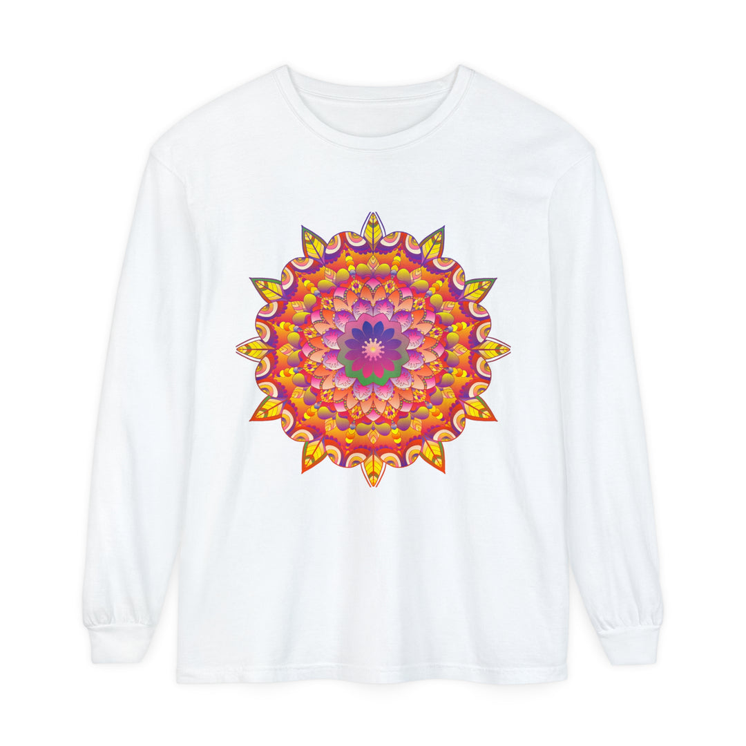 Colorful and intricate mandala design on a unisex long sleeve t-shirt