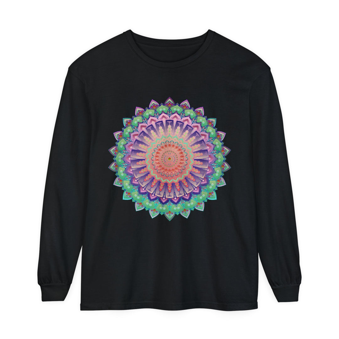 Colorful and intricate mandala design on a unisex long sleeve t-shirt