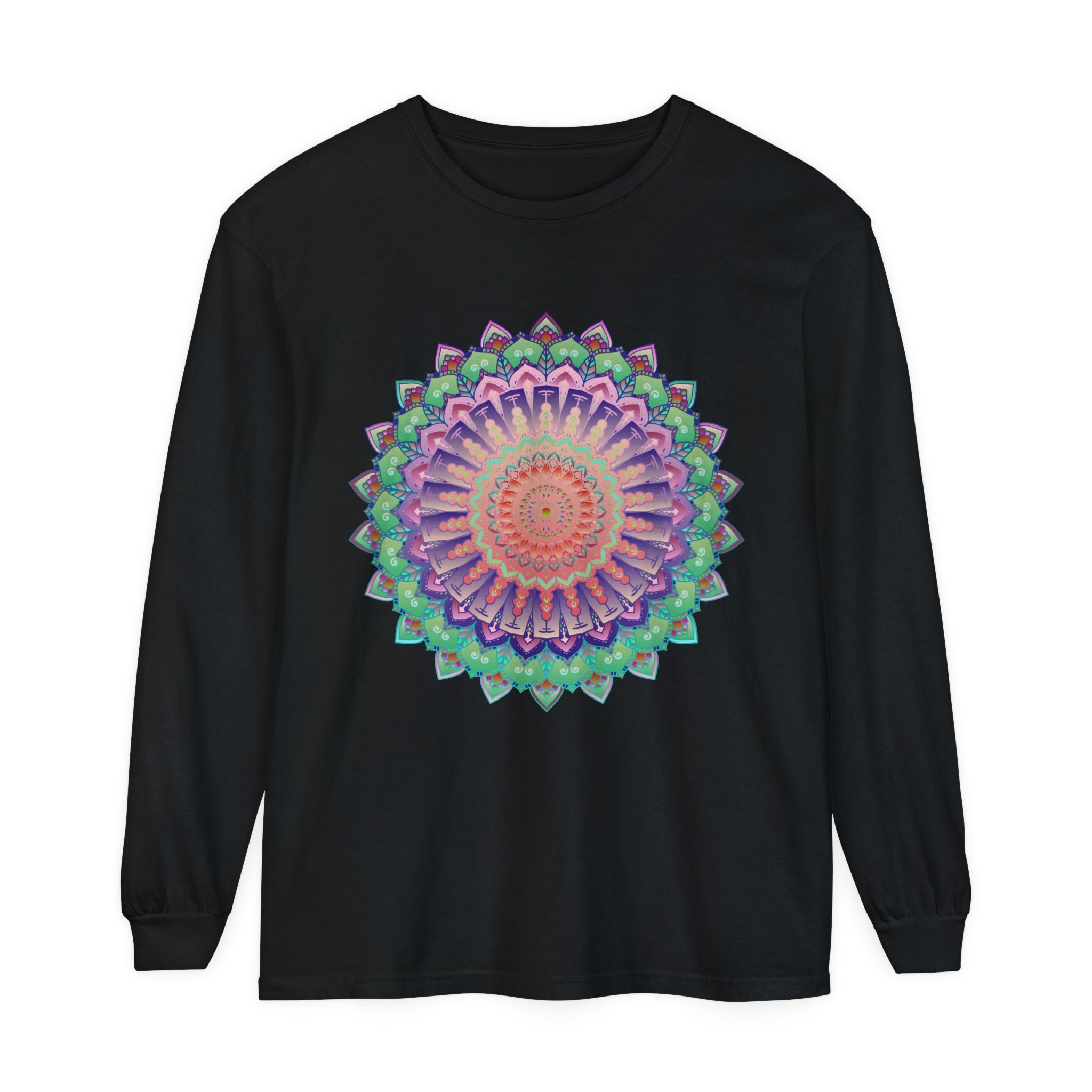 Colorful and intricate mandala design on a unisex long sleeve t-shirt