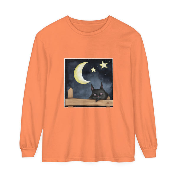 A comfortable black t-shirt featuring a sleepy cat under the night sky