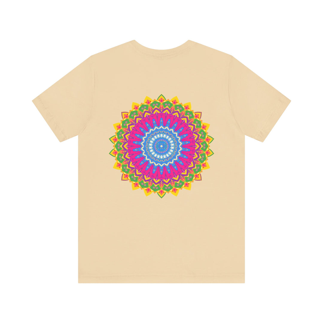 Vibrant mandala t-shirt featuring a colorful and intricate design, representing spiritual peace and tranquility, perfect for yoga and meditation enthusiasts