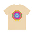 Vibrant mandala t-shirt featuring a colorful and intricate design, representing spiritual peace and tranquility, perfect for yoga and meditation enthusiasts