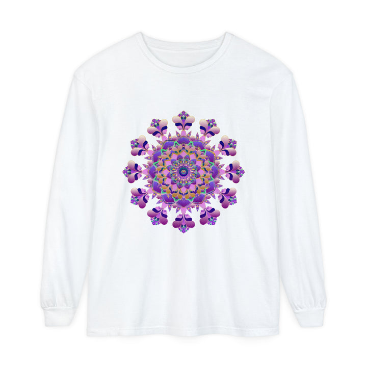 Unisex long sleeve t-shirt with intricate mandala design in vibrant colors