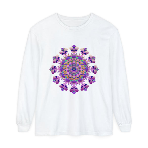 Unisex long sleeve t-shirt with intricate mandala design in vibrant colors
