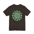 Colorful and intricate psychedelic mandala design on a t-shirt, emitting spiritual vibes