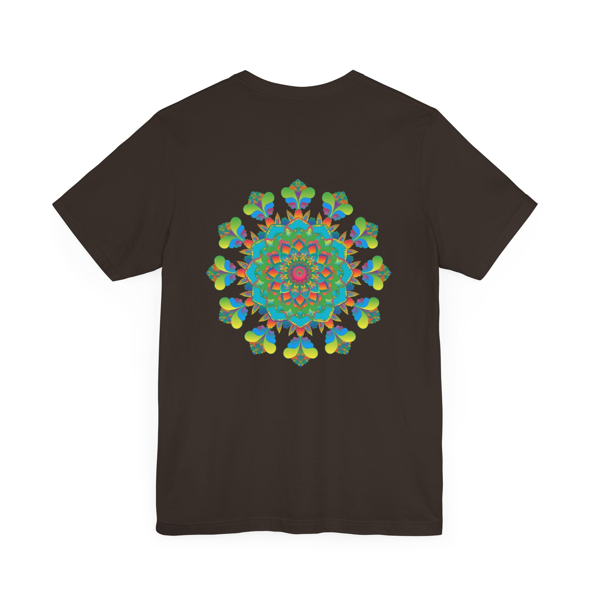 Colorful and intricate psychedelic mandala design on a t-shirt, emitting spiritual vibes