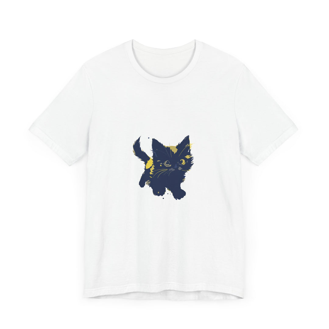 A black cat with bright green eyes, wearing a playful expression, sprawled across a cozy mystery-themed t-shirt