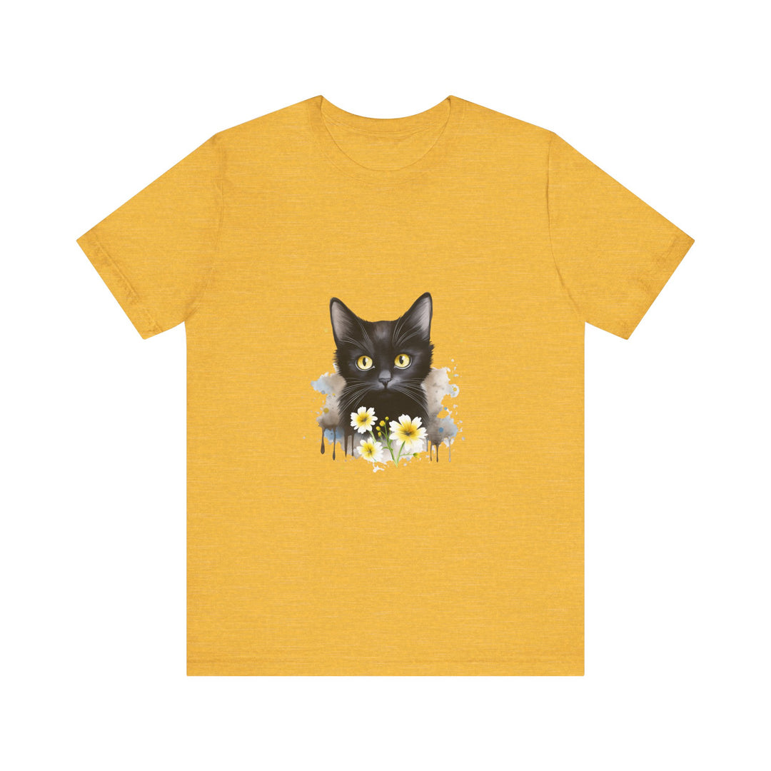 A close-up image of a black cat with piercing yellow eyes printed on a comfortable cotton t-shirt