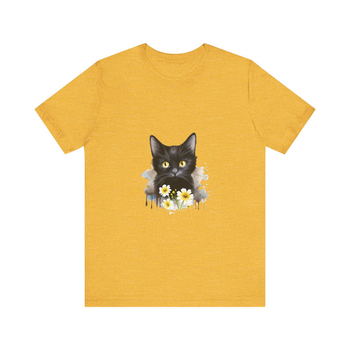 A close-up image of a black cat with piercing yellow eyes printed on a comfortable cotton t-shirt