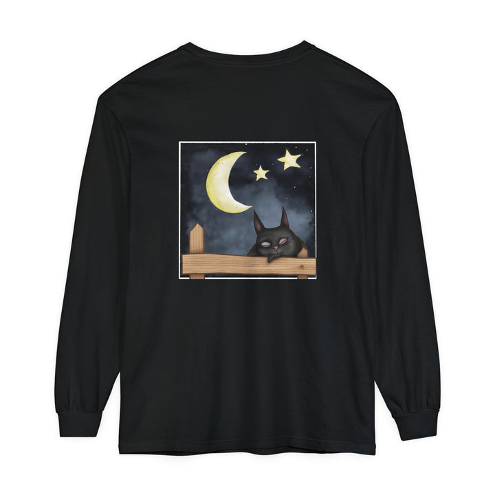 A cozy black t-shirt featuring a sleepy cat gazing at the night sky, surrounded by stars and a crescent moon design