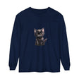 Adorable black kitten with piercing yellow eyes printed on a long sleeve T-shirt