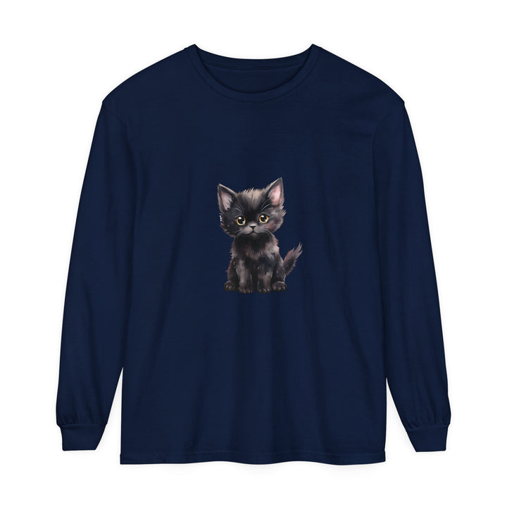 Adorable black kitten with piercing yellow eyes printed on a long sleeve T-shirt