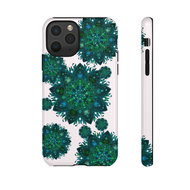 A light pink and green mandala phone case featuring a peaceful and intricate design