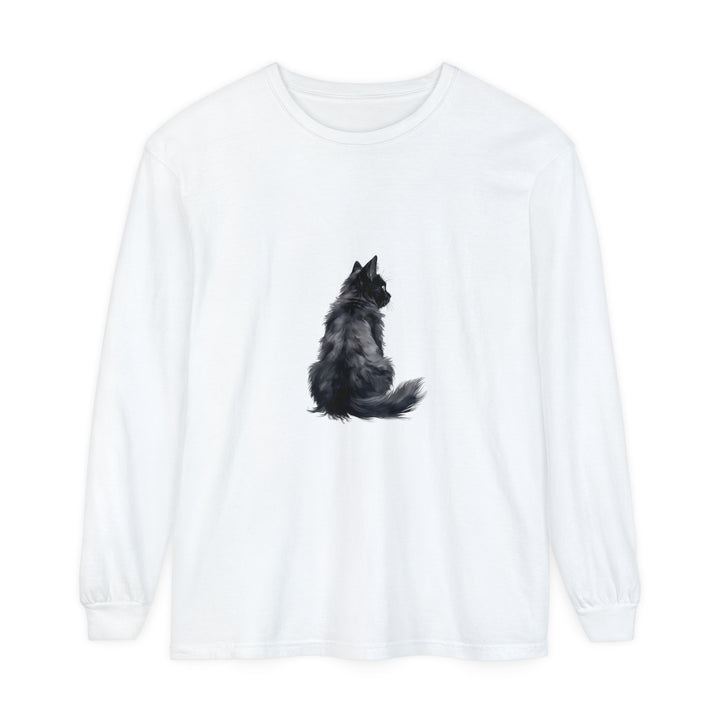 Black Cat Silhouette Unisex Long Sleeve T-Shirt - Men and Women's Classic Fit Cotton Tee with Graphic Print of Cat Silhouette in Black Color