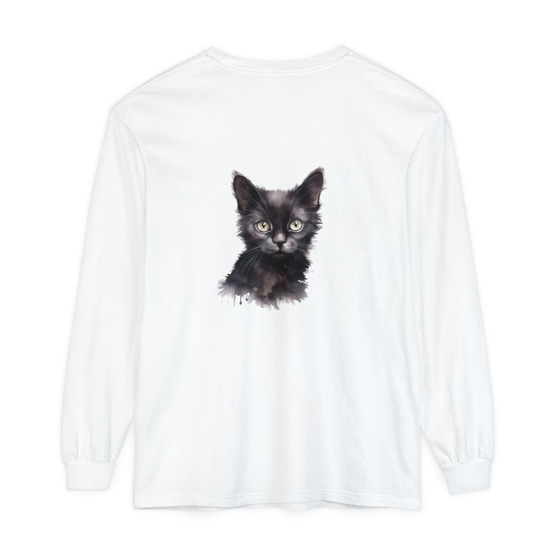 Black Cat Watercolor Long Sleeve T-Shirt featuring a vibrant watercolor print of a black cat