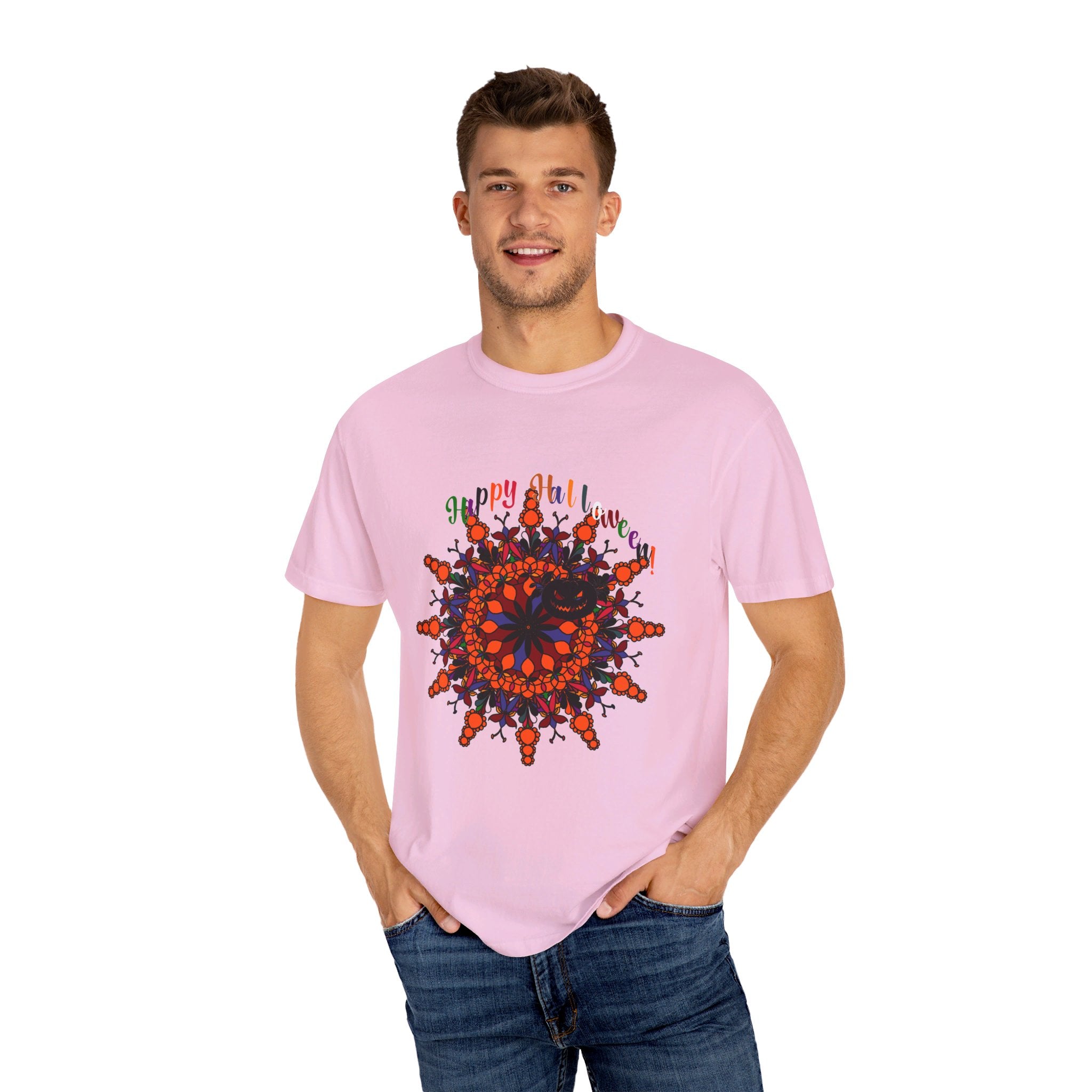 Unisex Halloween Mandala T-shirt featuring handmade pumpkin mandala art on garment-dyed tee