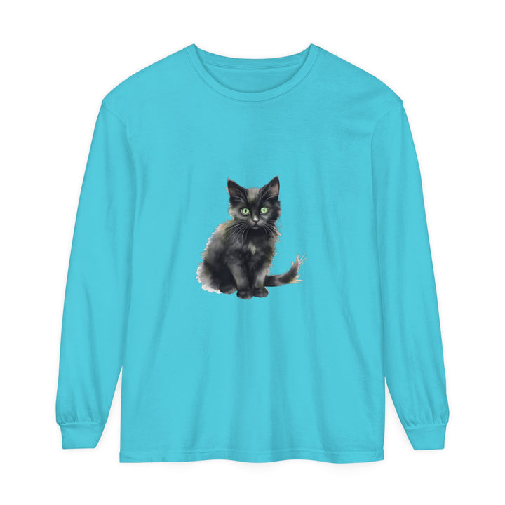 Watercolor-style black cat t-shirt with vibrant green eyes design