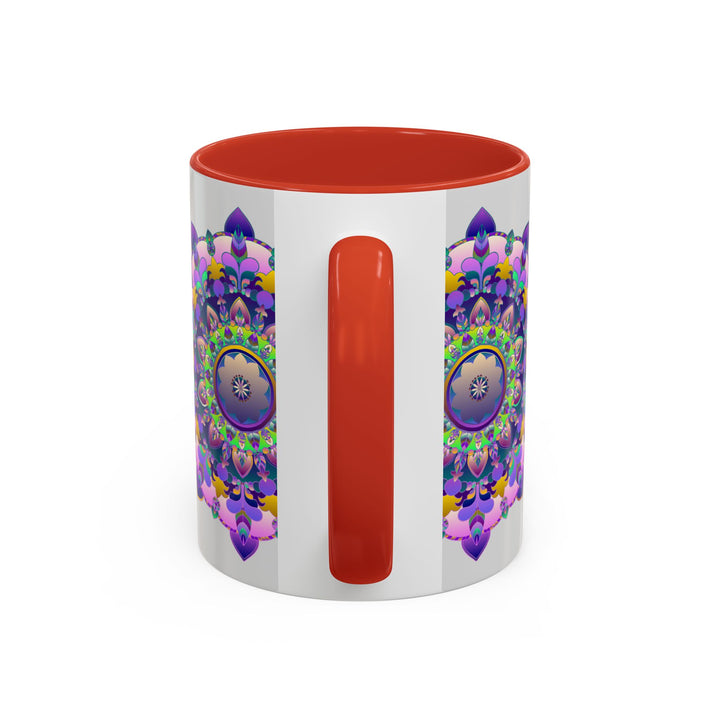 A vibrant and intricately designed mandala art mug featuring a colorful floral pattern