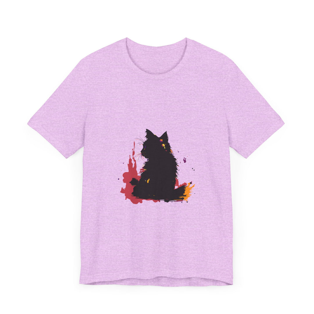 Black Cat Mystery T-Shirt featuring Colorful Splatter Art, perfect for Halloween