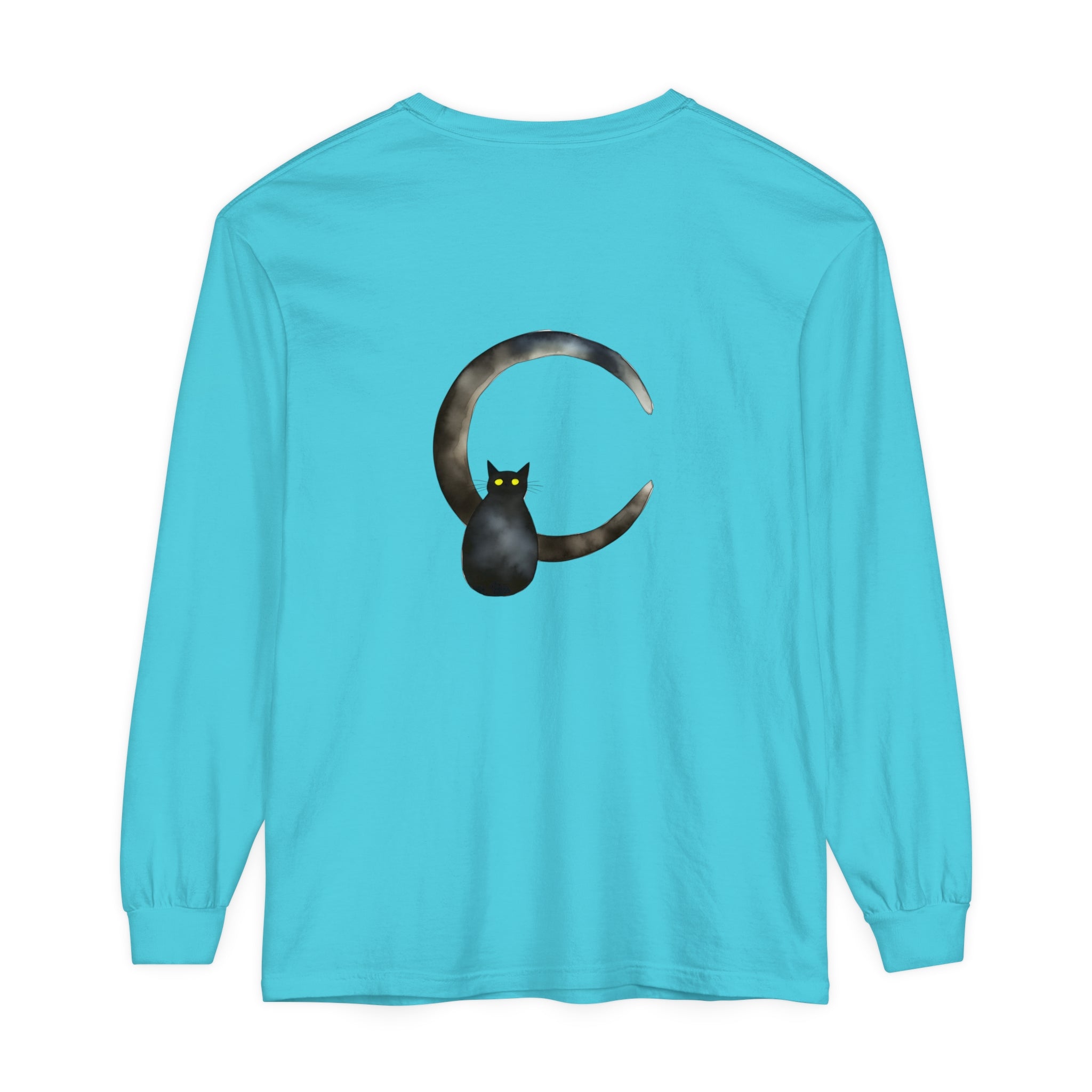 Black Cat Crescent Moon T-Shirt with a cute black cat sitting on a crescent moon design on a black t-shirt