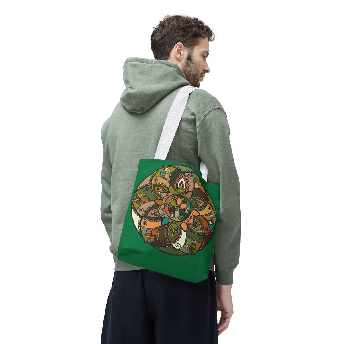Boho Mandala Tote Bag — Green Floral Pattern AOP Shopper