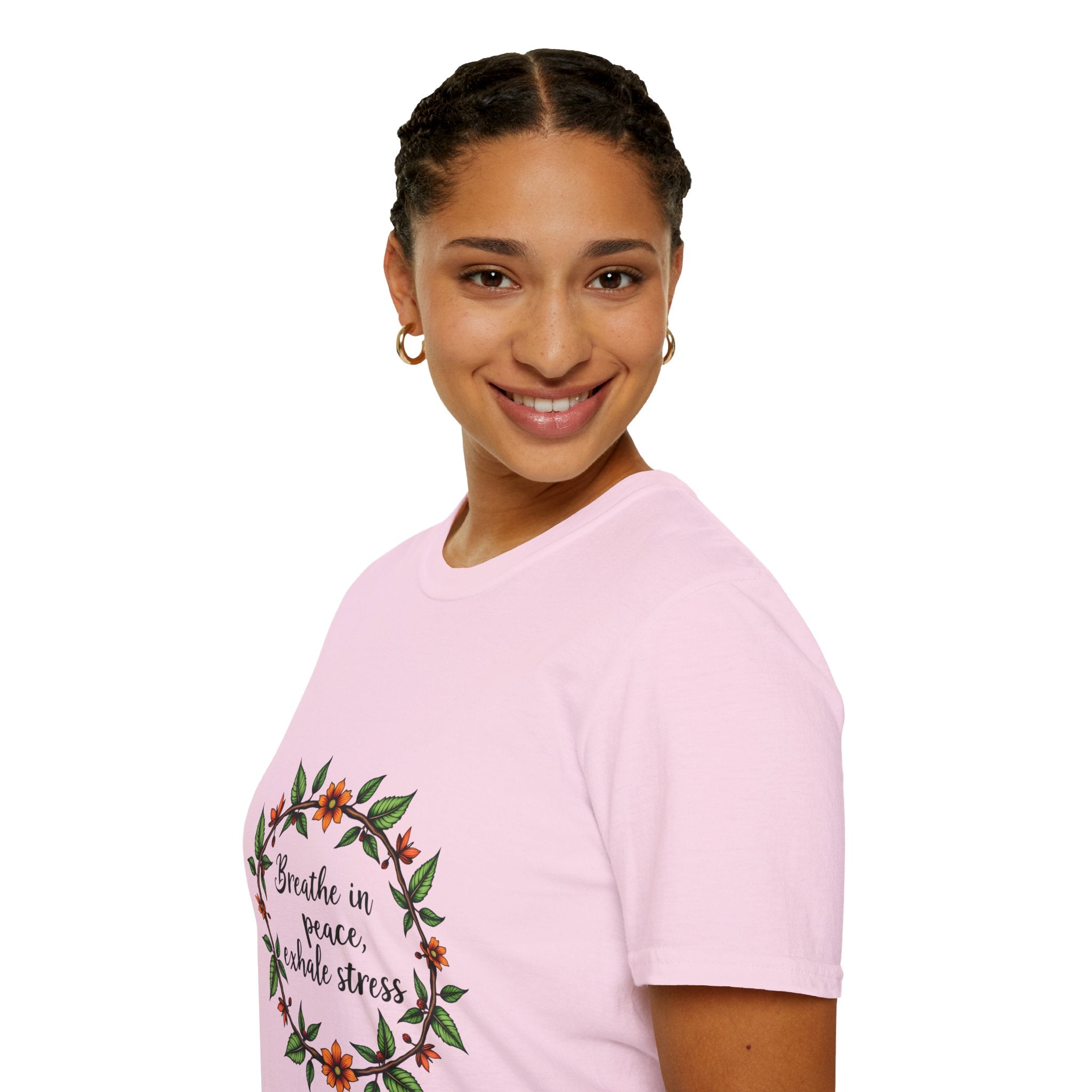 Women's white t-shirt with a colorful floral garland design and the text 'Breathe in Peace Exhale Stress' in cursive font